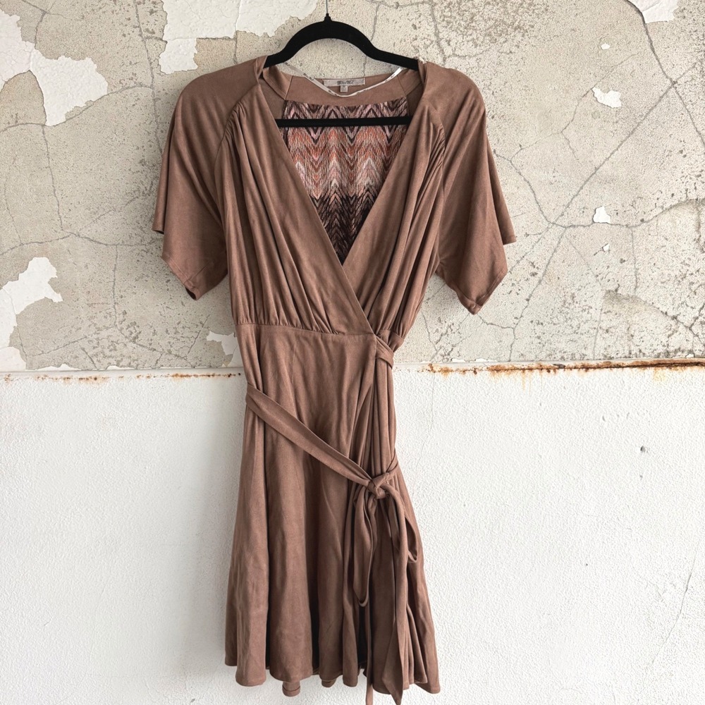 Miss Me Wrap Dress Faux Suede Short Sleeve Chevron Boho Fall Western Mini Brown
